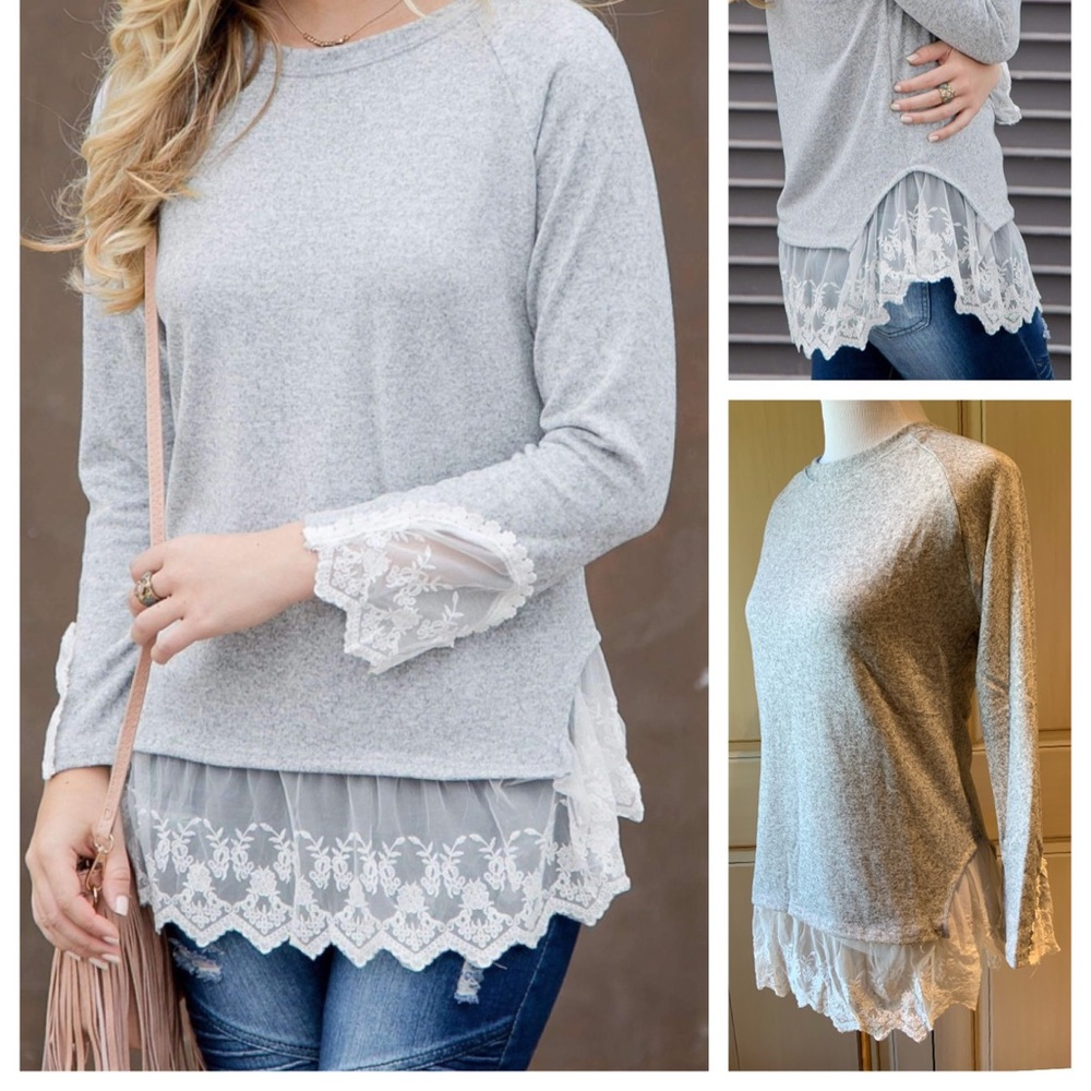 NWT Grey lace trim super soft top small